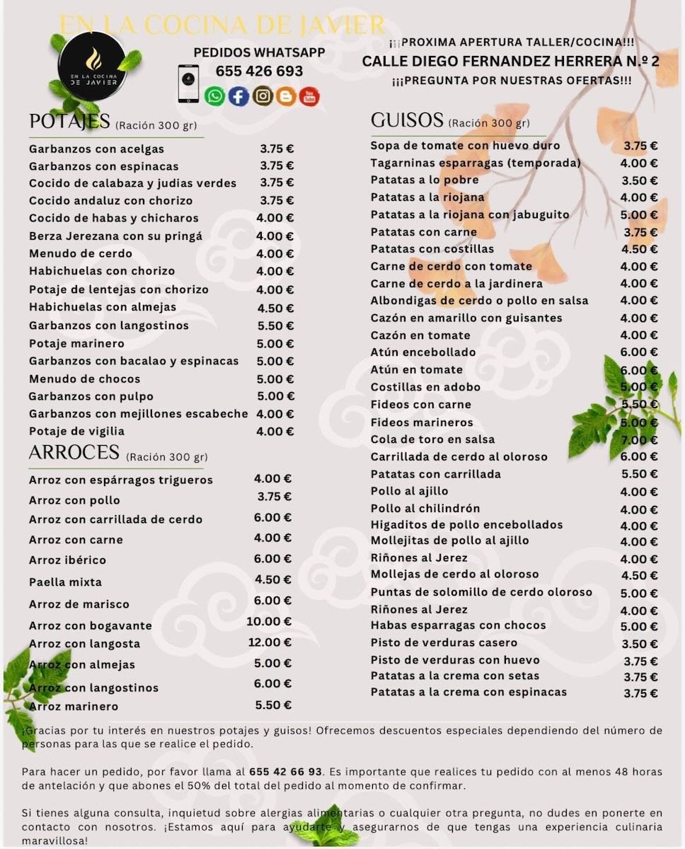 Carta de Potajes, Arroces y Guisos - En la cocina de Javier