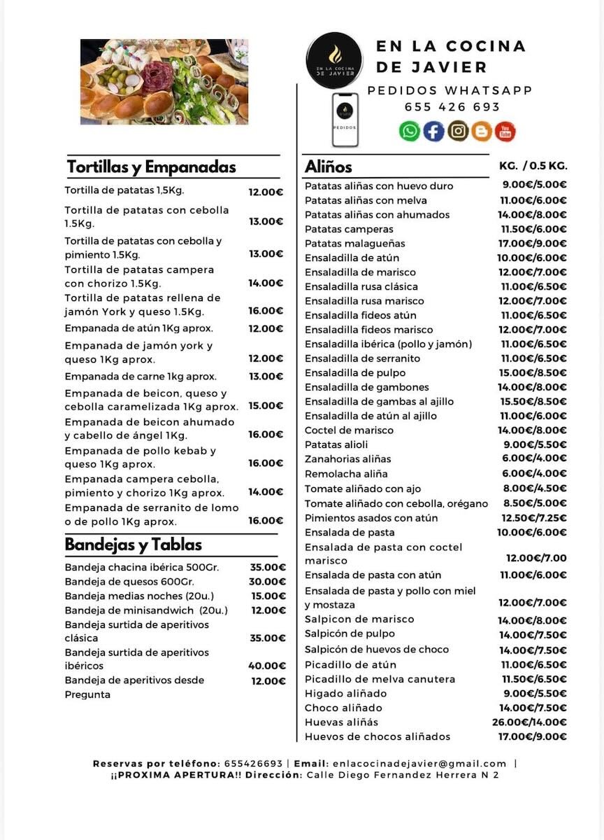 Carta de Tortillas, Empanadas, Aliños y Tablas - En la cocina de Javier